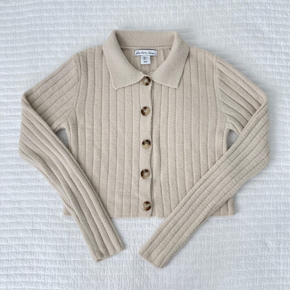 New London Kaye Long Sleeve Cropped Button Up Knit Sweater Top Cream Tan Size S